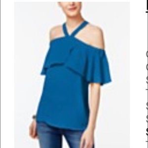 Royal blue cold shoulder pop over top